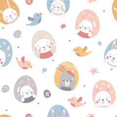 Seamless pattern with cute bunnies. Easter holiday print with rabbits, spring birds and eggs. Vector graphics.