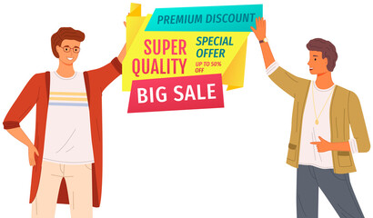 Best sale and premium goods choice. Promotional banner with young people standing near inscription. Advertisement of discount poster template. Couple advertising special goods, best choice banner