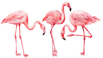 Tropical birds. Set of flamingos on white background. Watercolor pink flamingo.  - obrazy, fototapety, plakaty