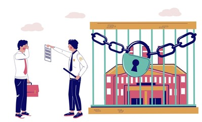 Commercial property arrest, vector illustration. Real estate arrest, seized assets for unpaid debts.