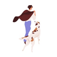 Person and dog walking. Happy man and doggy companion during stroll outdoors. Relaxed carefree pet owner and canine animal going away. Flat vector illustration isolated on white background