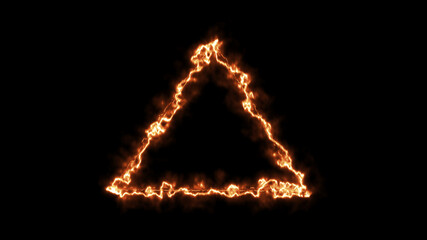 Fototapeta na wymiar Empty triangle frame with electric power and burning border glowing, burning flame sign. Blank triangle fire with electric power around frame lights. The best stock photo image orange electric power