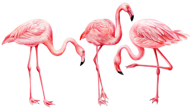 Tropical birds. Set of flamingos on white background. Watercolor pink flamingo. 