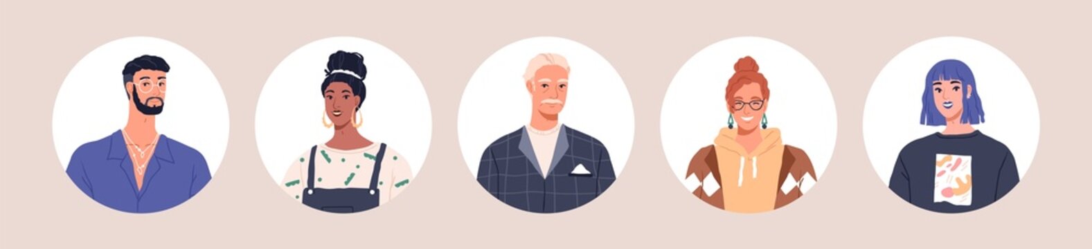 Diverse characters avatars set. Face portraits of users. Different men and women with positive emotions. Happy smiling young and elderly people heads in circles. Colored flat vector illustrations
