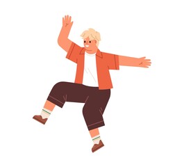 Happy funny kid jumping. Cute energetic child in motion. Smiling joyful boy rejoicing with excited expression and positive emotions. Flat vector illustration isolated on white background