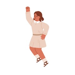 Happy school girl jumping with hand up, cheering smb. Cute energetic positive kid rejoicing. Smiling excited joyful child in motion. Flat vector illustration isolated on white background