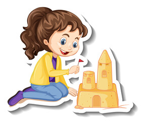 Girl building sand castle cartoon character sticker