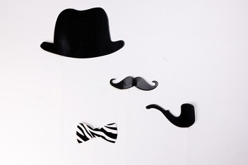 Black hat smoking pipe moustache blue neck bow tie shape paper die cut selfie portrait party fun paper prop sticker stick on white background