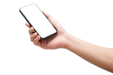 Woman hand hold cell phone isolated on white background.