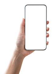 Woman hand holding phone isolated on white background.