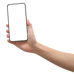 Woman hand hold cell phone isolated on white background.