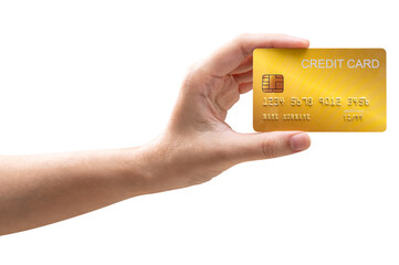 Woman hand hold gold credit card isolated on white background.