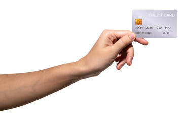 Woman hand hold silver platinum credit card isolated on white background.