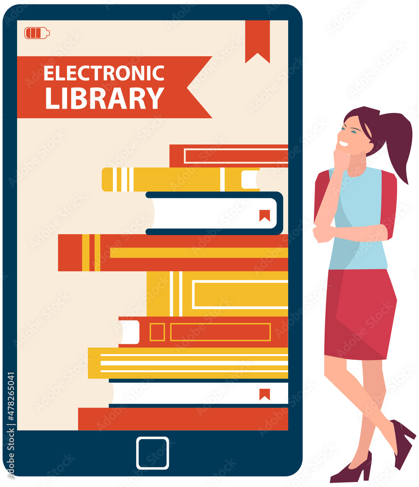 Aufkleber reading book with digital library service concept. studying with archive of books. electronic librar