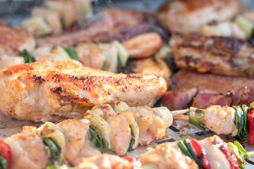 Chicken breast and pork meat pulled in wooden skewer with fresh colorful and tasty vegetables