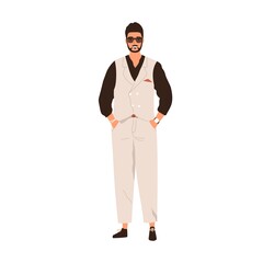 Muslim Arab man in modern outfit and sunglasses. Saudi Arabian person in casual fashion apparel. Happy smiling eastern guy portrait. Flat vector illustration isolated on white background
