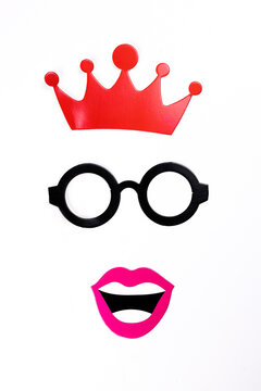Red crown lips round eyewear spectacle frame shape paper face die cut selfie portrait party fun paper prop sticker stick on white background