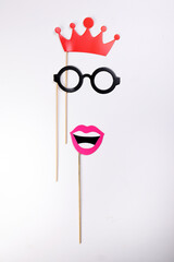 Red crown lips round eyewear spectacle frame shape paper face die cut selfie portrait party fun paper prop sticker stick on white background