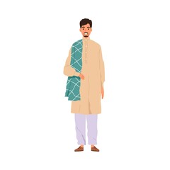 Arab man in traditional oriental outfit. Muslim person wearing eastern apparel. Happy Saudi Arabian portrait in modern tunic and trousers. Flat vector illustration isolated on white background