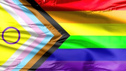 LGBT Rainbow Flag with inclusion and progression colours. Symbol of Intersex Inclusive, lesbian, gay, bisexual and transgender community. Marginalized LGBT Black and brown.  - obrazy, fototapety, plakaty