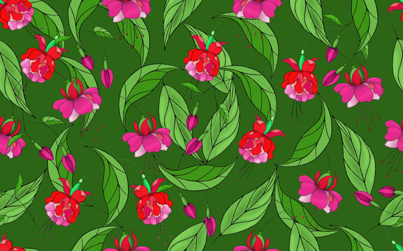 Seamless floral pattern. Bright fuchsia flowers and leaves on a green background.