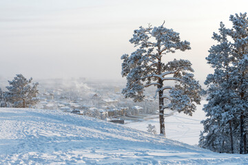 Winter landscape with trees and snow. Fog over Yakutsk city on a cold winter day, temperature -50 outside - 478266234