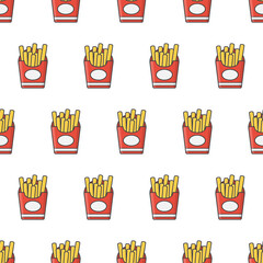 French Fries Seamless Pattern On A White Background. Fast Food Theme Vector Illustration