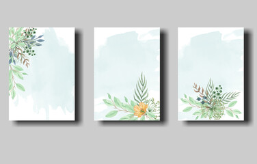 Herbal watercolor invitation design with leaves. floral and watercolor background. Ready to use card botanical watercolor illustration. Template for a wedding. Frame