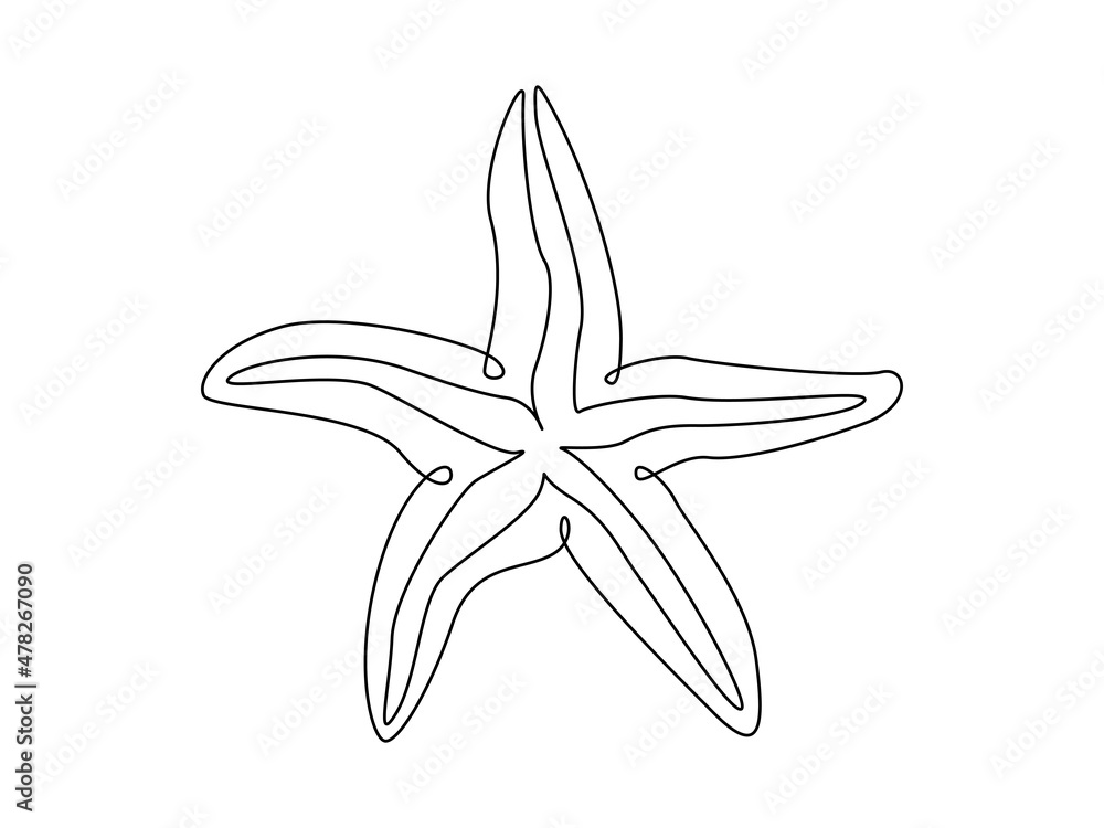 Poster sea starfish. continuous one line drawing of underwater star in linear style. simple minimalistic ou