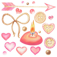 Symbols of Valentine's Day: hearts, valentines, gifts, garland, love. Set of stickers for scrapbooking. Hand drawn watercolor illustration on a white background