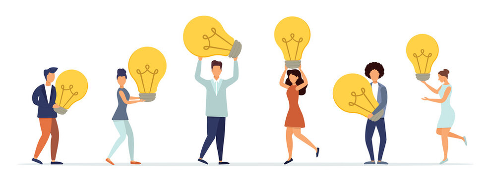 People Share Business Ideas, Meet, Work Together. Light Bulb Concept - Ideas. Flat Style. Vector Illustration.