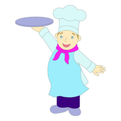 Chef with a tray. Smiling chef holds a tray in his hand. Vector image, drawing. A cute cook, a character.