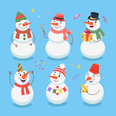 Cute snowman cartoon characters vector illustrations set. Happy comic snowmen in hats and scarves, gift box, New Year or Christmas decorations isolated on blue background. Winter, holidays concept