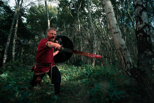 Aggressive viking with shield and sword fighting in forest