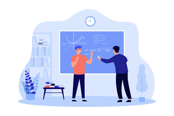 Students writing complex equations on school board. Boys on lesson in classroom flat vector illustration. Science, mathematics, knowledge concept for banner, website design or landing web page - obrazy, fototapety, plakaty