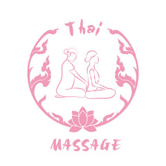 Logo thai massage with ornament. Silhouette of a woman getting traditional thai stretching massage by therapist. Thai massage concept in pink  for your web site design, app, UI. EPS10