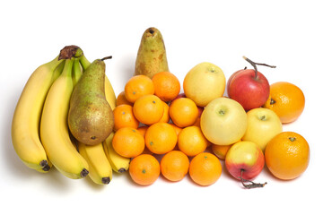 Fresh and ripe fruits on white background, abundance vitamins in fruits of bananas, tangerines, apples and pears.