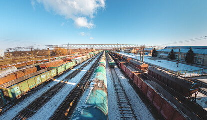 Freight trains from a height at the marshalling yard. Delivery of goods by freight train. Railroad...