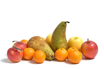 Fresh and ripe fruits on white background, abundance vitamins in fruits, tangerines, apples and pears.