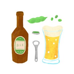ビールとビール瓶と枝豆の手描きイラスト
