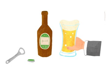 瓶ビールを飲む手元の手描きイラスト