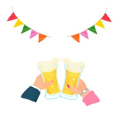 ビールで乾杯する男女の手描きイラスト（屋外）
