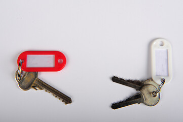 One key on keyring with red blank tag.  Two keys on keyring with white blank tag. Horizontal photo with copy space in upper part.