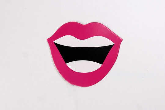 Red lips white teeth black open smiley mouth shape paper die cut selfie portrait party fun paper prop sticker stick on white background