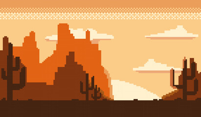 vector graphic illustration of pixel art desert atmosphere in the afternoon when the sun is going down and there is a shadow of a cactus tree