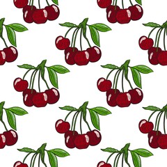 Berries cherry seamless pattern vector illustration. Background with sakura berries. Red sweet cherries on branch with leaves template for fabric and packed