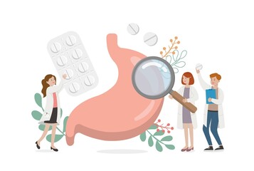 Human organs of stomach undergoing health check with doctor or nurse or medical staff, vector comic cartoon