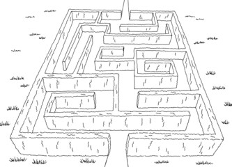 Garden maze bush graphic black white sketch top aerial view illustration vector 