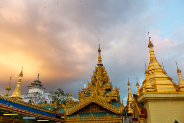 Fototapeta premium Yangon, Myanmar, November 12, 2016: religious belief places, pagodas and daily living spaces