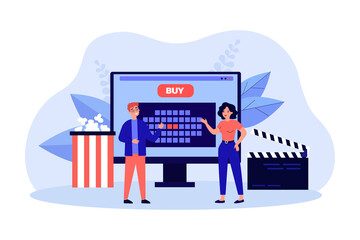 Fototapeta premium Customers buying movie tickets online. Booking seats in cinema theater by tiny man and woman flat vector illustration. Digital reservation, order concept for banner, website design or landing web page